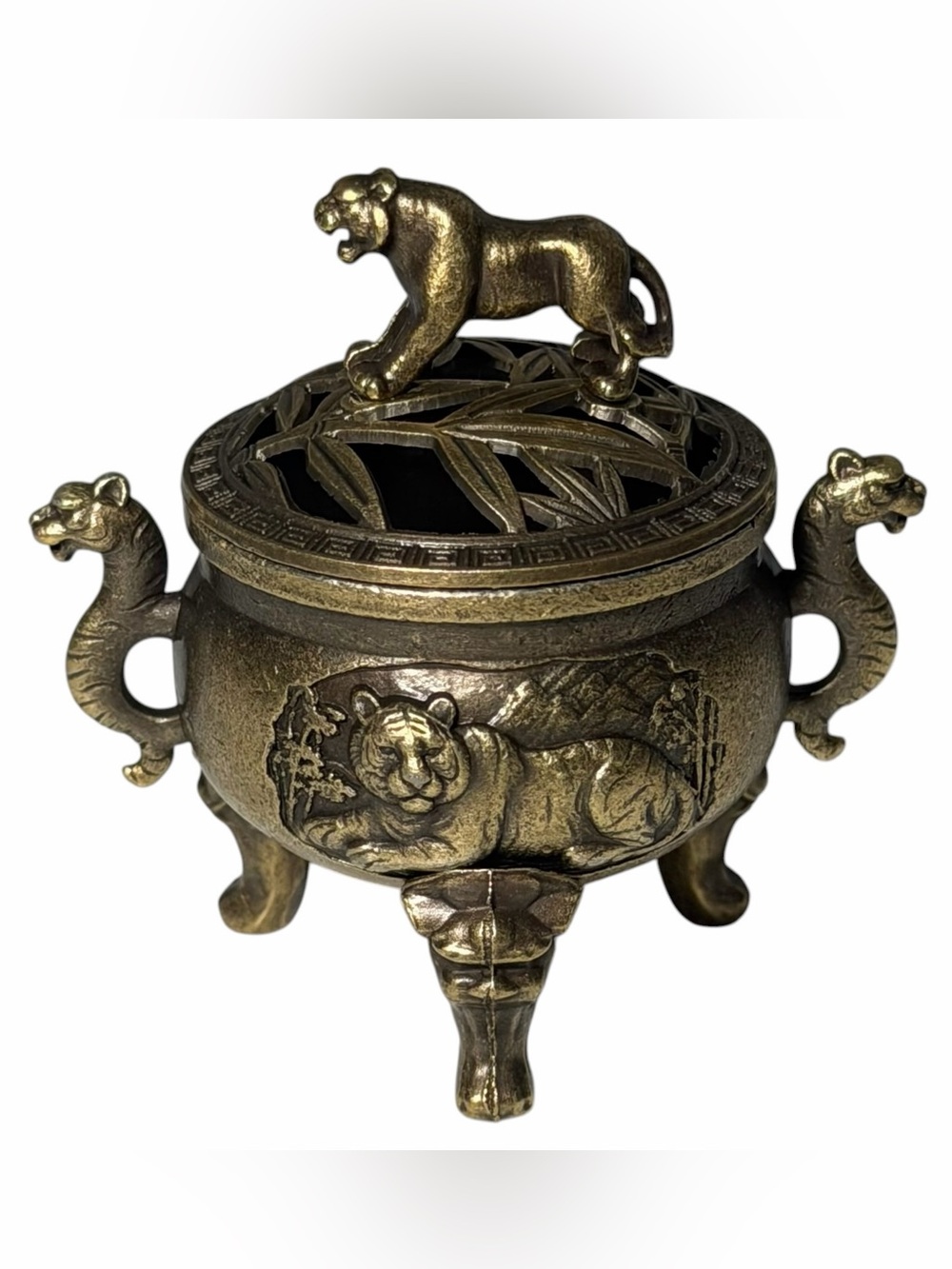 Incense Burner Cauldron Tiger Bronze w/ Incense Clouds
